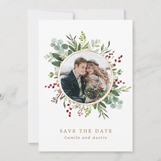 Botanische kerstwinterbruiloft Gold foto Save The Date (Voorkant)