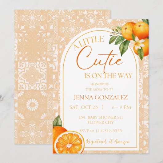 Botanische Kleine Cutie Citrus Oranje Baby shower Kaart (Voorkant / Achterkant)