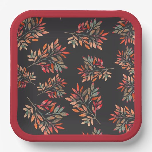 Botanische kleurrijke herfst laat donker  papieren bordje (Voorkant)