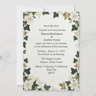 Botanische klimop en witte bloemensave the date-hu kaart