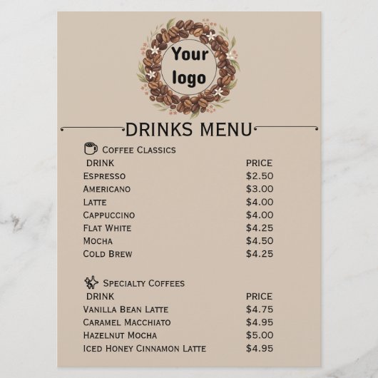 Botanische Koffieboon Krans Aangepast Logo Menu (Voorkant)