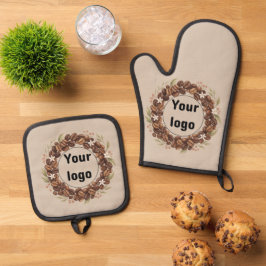 Botanische Koffieboon Krans Aangepast Logo Ovenwant & Pannenlap Set