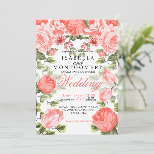 Botanische  koraalkoraalbruiloft kaart (Staand voorkant)