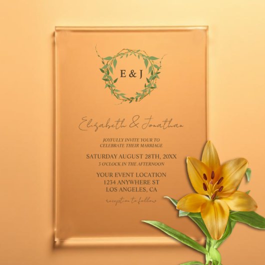 Botanische krans aardetinten bruiloft acryl uitnodigingen