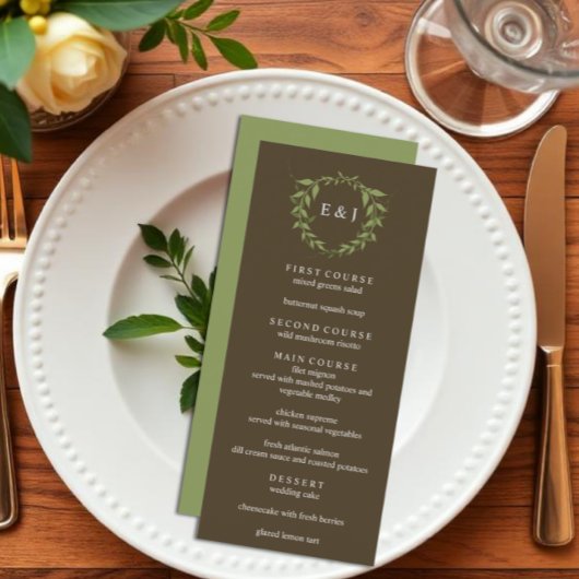 Botanische krans aardetone bruiloft menu