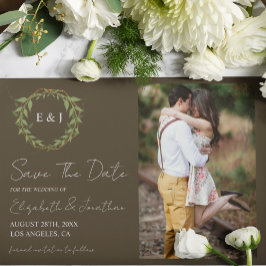 Botanische krans aardetone bruiloft save the date