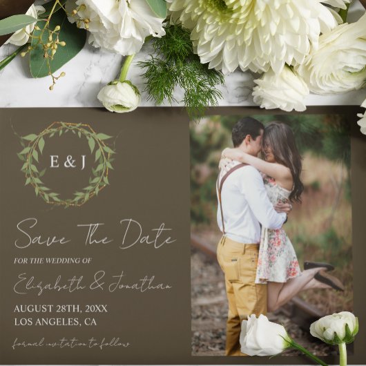 Botanische krans aardetone bruiloft save the date