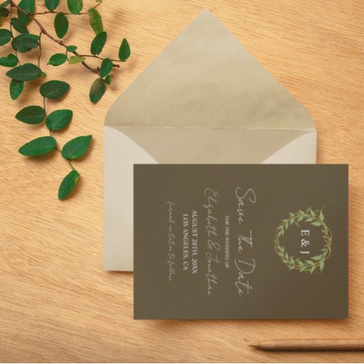 Botanische krans aardetonen bruiloft save the date