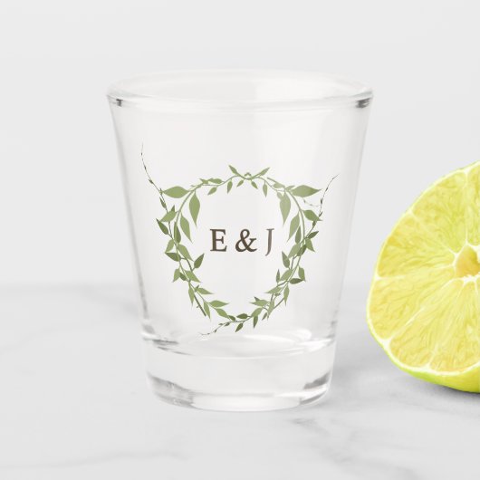 Botanische krans aardetonen bruiloft shot glas (Voorkant)