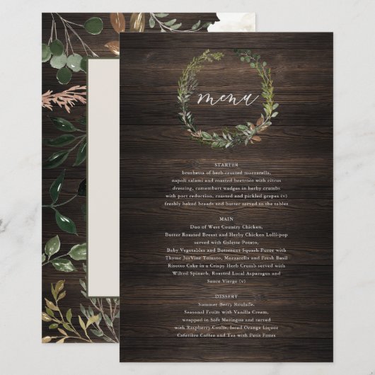Botanische krans bruiloft waterverf groen menu (Voorkant / Achterkant)
