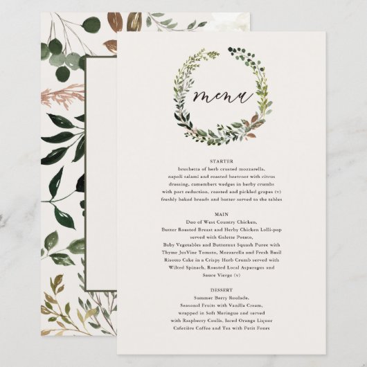 Botanische krans bruiloft waterverf groen menu (Voorkant / Achterkant)