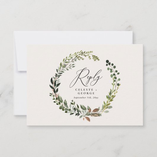 Botanische krans elegante trouwantwoord RSVP-kaart Notitiekaartje (Voorkant)