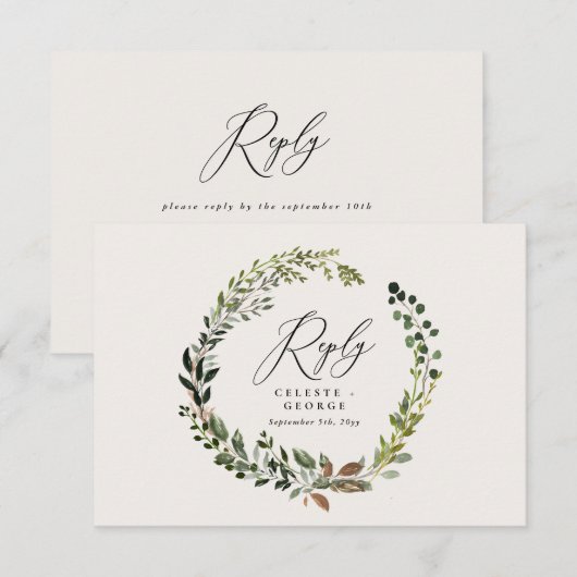 Botanische krans elegante trouwantwoord RSVP-kaart Notitiekaartje (Voorkant / Achterkant)