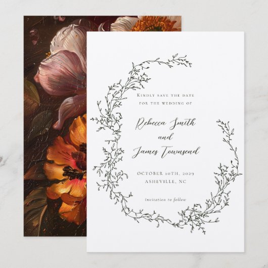 Botanische krans Fine Art Schilderij Olijf Bruilof Save The Date (Voorkant / Achterkant)