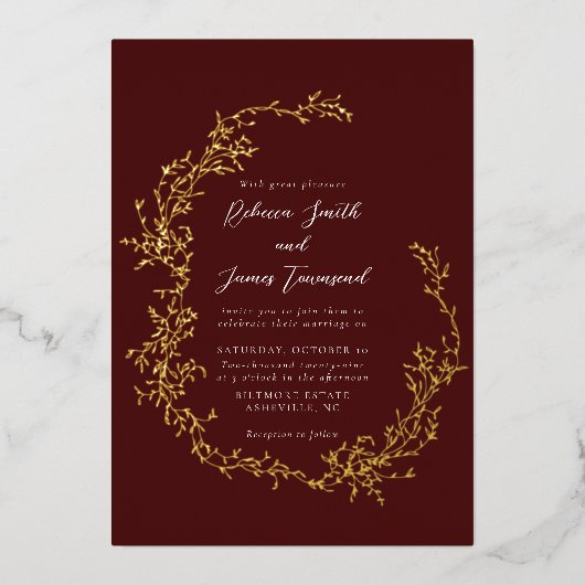 Botanische krans Fine Art Schilderij Rode bruiloft Folie Uitnodiging (Voorkant)