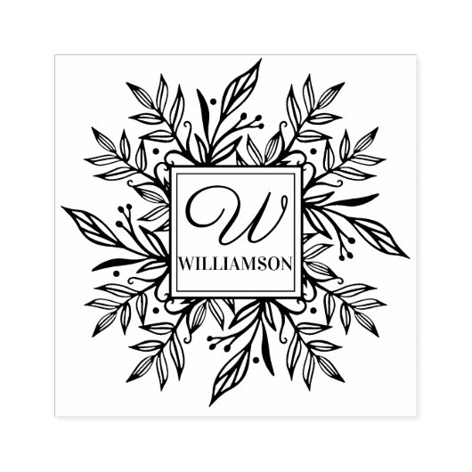 Botanische krans groen familienaam & monogram rubberstempel (Afrduk)