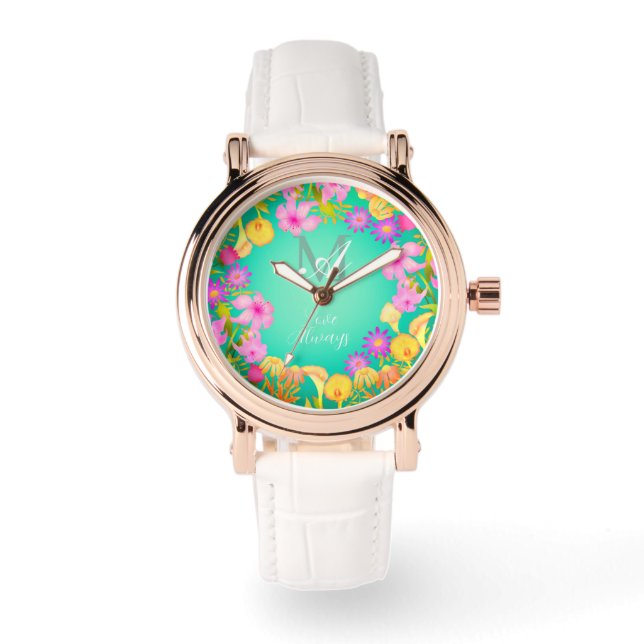 Botanische krans Monogram Aqua horloge (Voorkant)