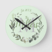 Botanische krans Monogram familienaam Ronde Klok (Voorkant)