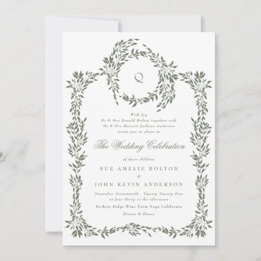 Botanische krans Monogram Sage Groene bruiloft Kaart (Voorkant)