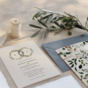 Botanische krans monogram trouw uitnodiging