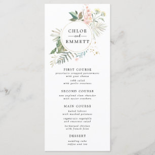 Botanische krans roze bloemengoud bruiloft menu