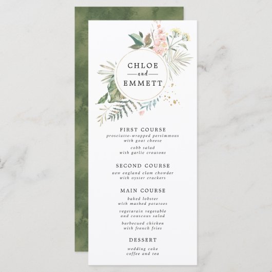 Botanische krans roze bloemengoud bruiloft menu (Voorkant / Achterkant)