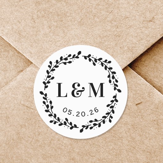 Botanische krans trouw monogram ronde sticker