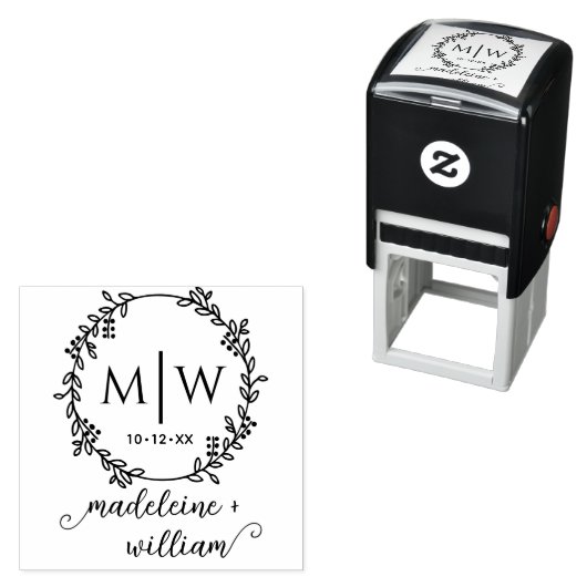 Botanische krans Twee init namen Bruiloft Monogram Zelfinktende Stempel (In situ)