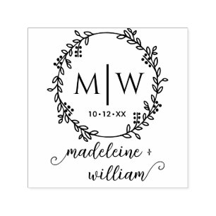 Botanische krans twee init namen trouw monogram zelfinktende stempel