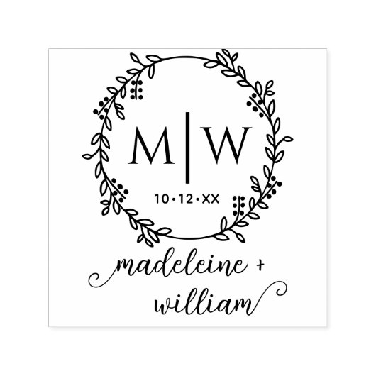 Botanische krans twee init namen trouw monogram  zelfinktende stempel (Design)
