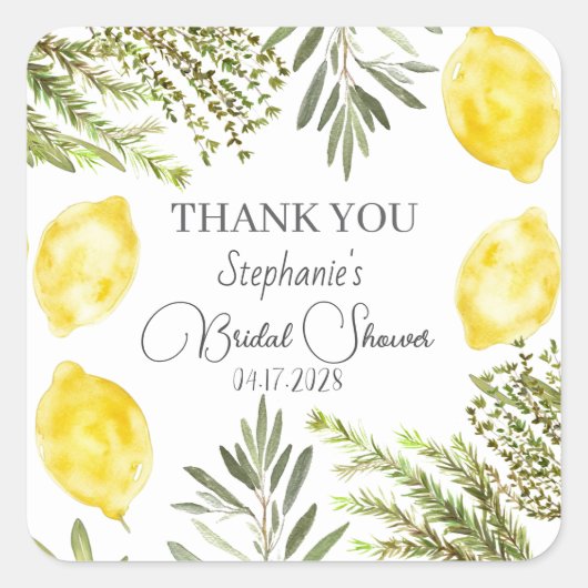 Botanische Kruiden Citroenen Watercolor Bruidsdouc Vierkante Sticker (Voorkant)
