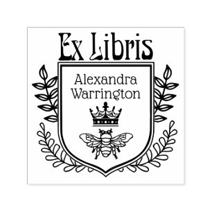 Botanische Kuif Bij met Kroon Ex Libris Boeknaam Zelfinktende Stempel