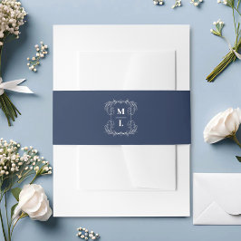 Botanische Kuif Marineblauw & Witte Monogram Trouw Uitnodigingen Wikkel