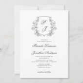 Botanische kuif Monogram Zwart Wit Bruiloft Kaart (Voorkant)