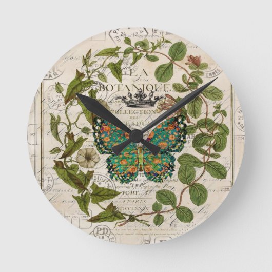 botanische kunst het franse schrift leaf butterfly ronde klok (Voorkant)
