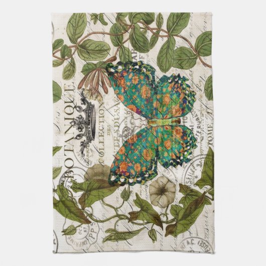 botanische kunst het franse schrift leaf butterfly theedoek (Verticaal)