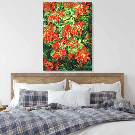 Botanische kunst: Verbrandende Struik en Emu Wren Canvas Afdruk (Insitu (Slaapkamer))