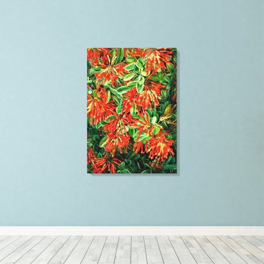 Botanische kunst: Verbrandende Struik en Emu Wren Canvas Afdruk (Insitu (Houten vloer))