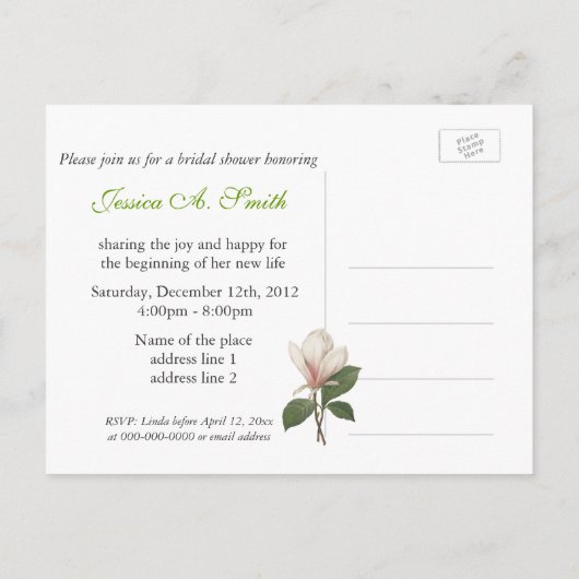  botanische kunstelegante magnolibloem uitnodiging briefkaart (Achterkant)