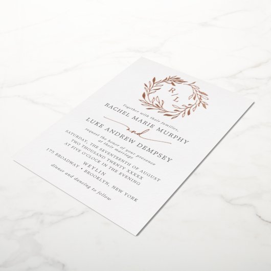 Botanische Laurel Leaf Wreath Wedding Monogram Fol Folie Uitnodiging (Gedraaid)