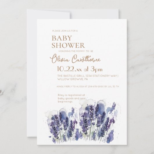 Botanische Lavendel en Gouden Modern Baby shower Kaart (Voorkant)