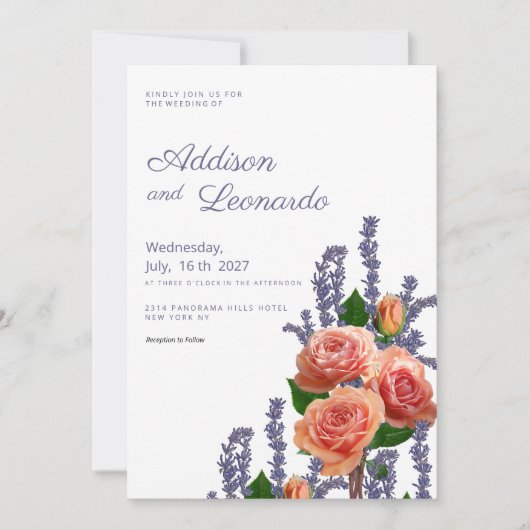 Botanische lavendel perzik roos bloemen bruiloft kaart (Voorkant)