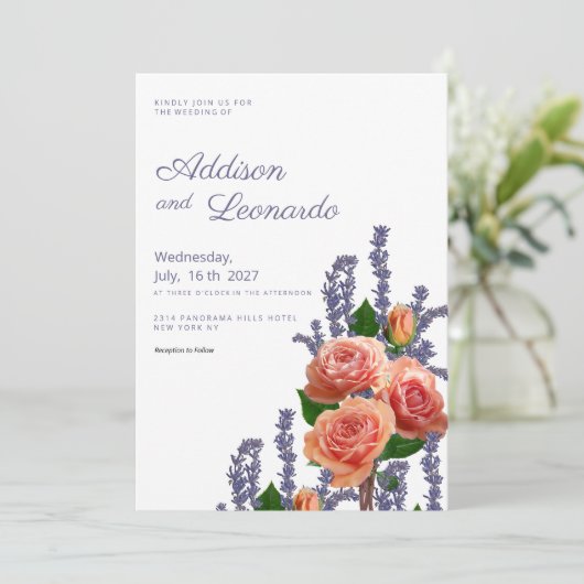 Botanische lavendel perzik roos bloemen bruiloft kaart (Staand voorkant)