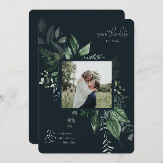 Botanische Leafy Greenery Photo Lijst Save the Dat (Voorkant / Achterkant)
