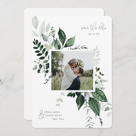 Botanische Leafy Greenery Photo Lijst Save the Dat (Voorkant / Achterkant)