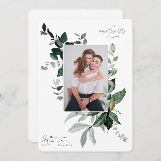 Botanische Leafy Greenery Photo Lijst Save the Dat (Voorkant / Achterkant)