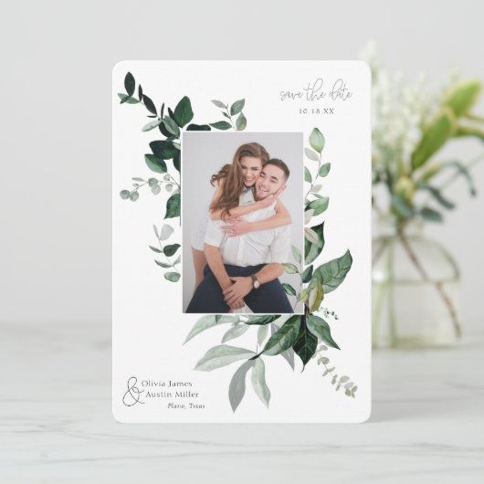 Botanische Leafy Greenery Photo Lijst Save the Dat (Staand voorkant)