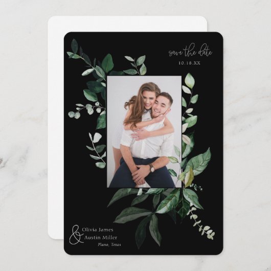 Botanische Leafy Greenery Photo Lijst Save the Dat (Voorkant / Achterkant)