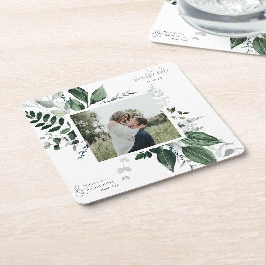 Botanische Leafy Greenery Photo Lijst Save the Dat Kartonnen Onderzetters (Schuin)