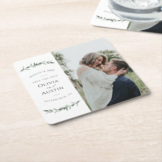 Botanische Leafy Greenery Save the Date Kartonnen Onderzetters (Schuin)